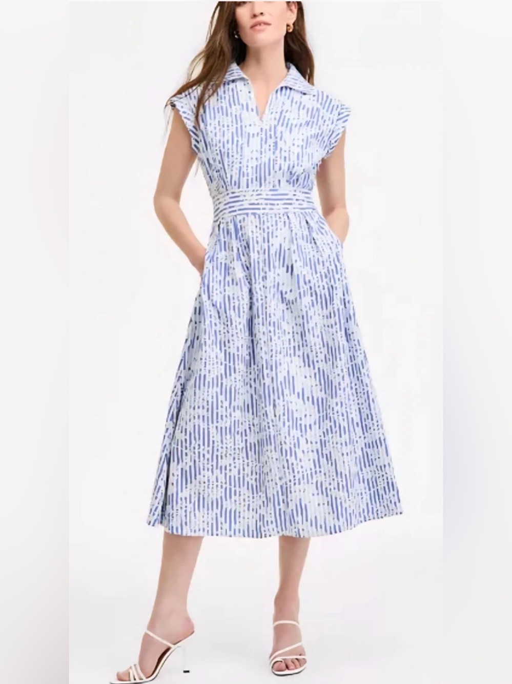 Kensie Blue/White Striped Floral-Embroidered Midi Dress w/Pockets, Size 14, NWOT